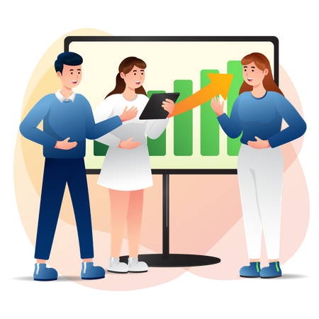 Geschäftsteam diskutiert über Analysediagramm  Illustration