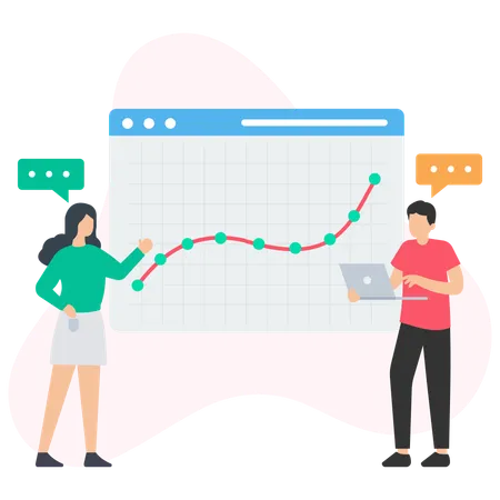 Geschäftsteam diskutiert über Analysediagramm  Illustration