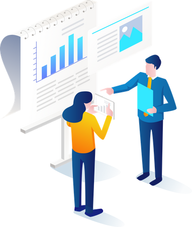 Geschäftsteam diskutiert über Datenanalyse  Illustration