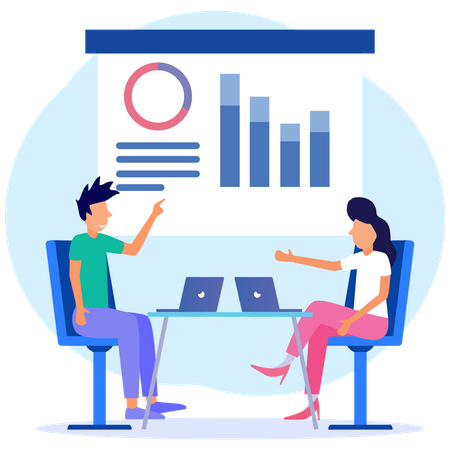Geschäftsteam diskutiert über Datenanalyse  Illustration