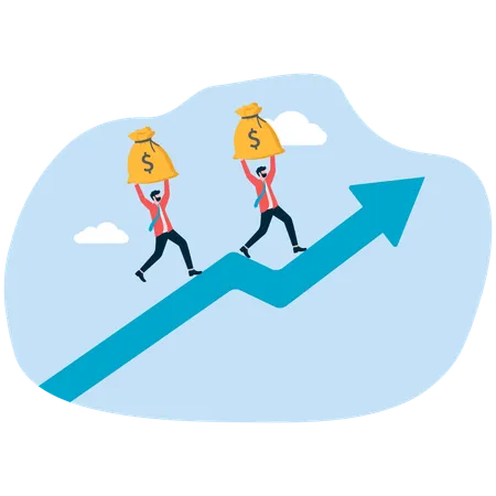 Das Geschäftsteam führt Geschäfte und hält Geld, um das Diagramm wachsen zu lassen  Illustration