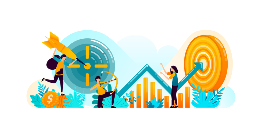 Geschäftsziele mit Strategie und Fokus auf Diagrammdaten und -analyse  Illustration