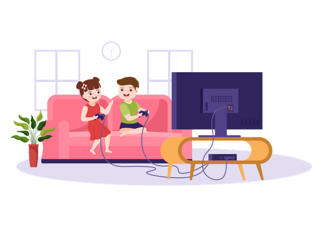 Geschwister spielen Videospiel zu Hause  Illustration