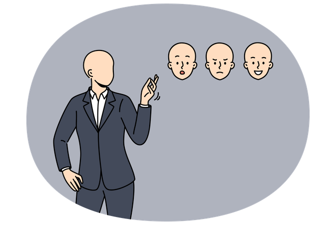 Gesichtsloser Geschäftsmann wählt Maskengesicht mit unterschiedlichen Emotionen  Illustration