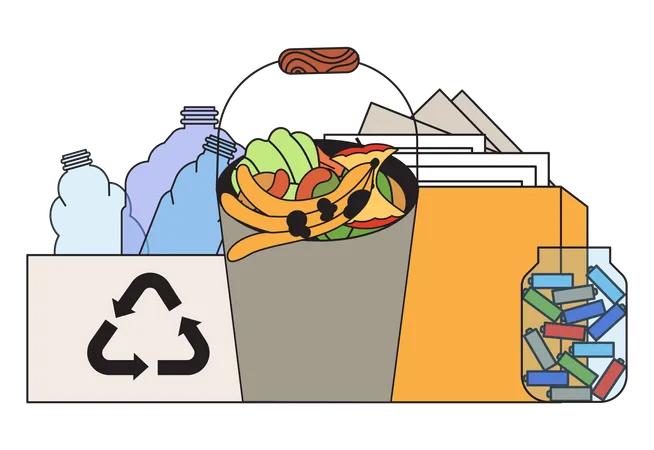 Clasificar La Basura En Casa Para Reciclarla En Contenedores De Basura Y El Concepto De Pila De Abono Sistema De Eliminacion De Residuos Domestico Organizado Inteligente La Practica De Separar Los Restos De Comida Plastico Papel O Pilas AA Usadas Ilustración