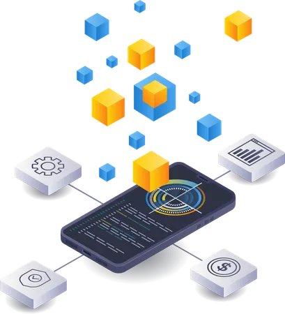 Control de red blockchain de gestión de teléfonos inteligentes  Ilustración