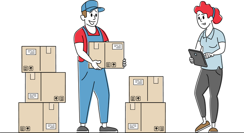 Gestionnaire d'inventaire, marchandises comptables se trouvant dans des boîtes en carton sur un support dans un entrepôt  Illustration