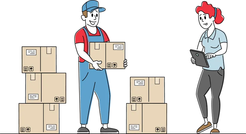 Gestionnaire d'inventaire, marchandises comptables se trouvant dans des boîtes en carton sur un support dans un entrepôt  Illustration