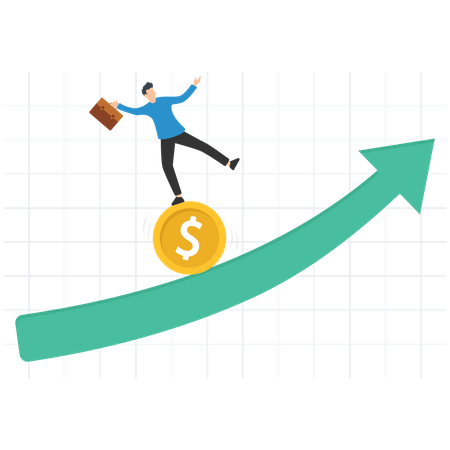 Gestor de fondos sosteniendo la moneda de dinero de plomo de bandera corriendo hasta el gráfico ascendente  Ilustración