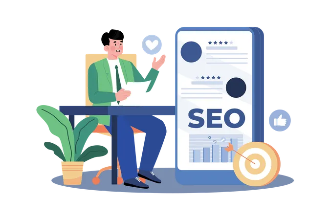 Responsable de reputación que gestiona reseñas online para mejorar el SEO  Ilustración