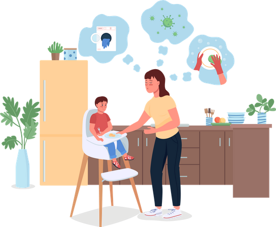 Gestresste Mutter mit Baby in der Küche  Illustration