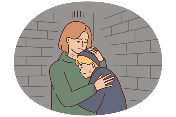 Gestresste Mutter und Kind verstecken sich im Keller  Illustration