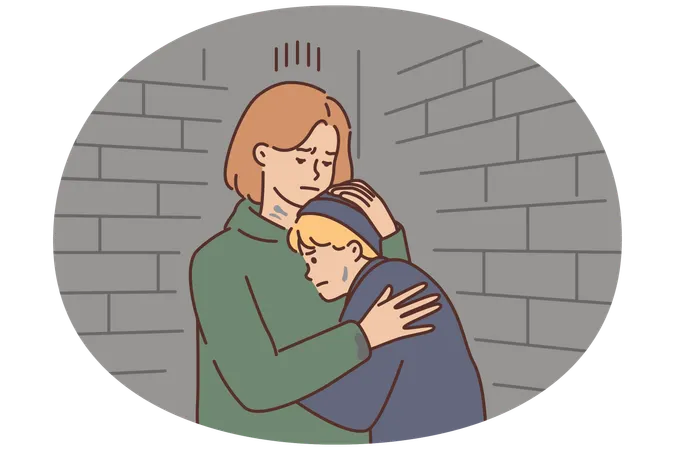 Gestresste Mutter und Kind verstecken sich im Keller  Illustration