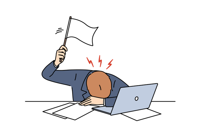 Gestresster Geschäftsmann schwenkt nach beruflichem Burnout die weiße Fahne und liegt mit Laptop am Arbeitsplatz  Illustration