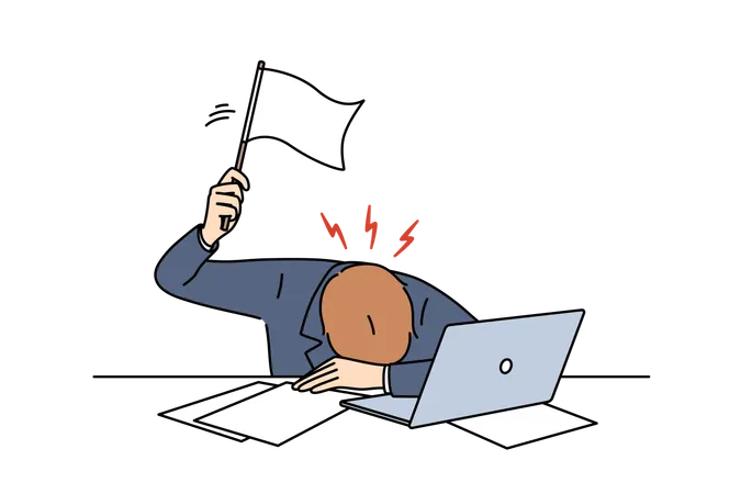 Gestresster Geschäftsmann schwenkt nach beruflichem Burnout die weiße Fahne und liegt mit Laptop am Arbeitsplatz  Illustration
