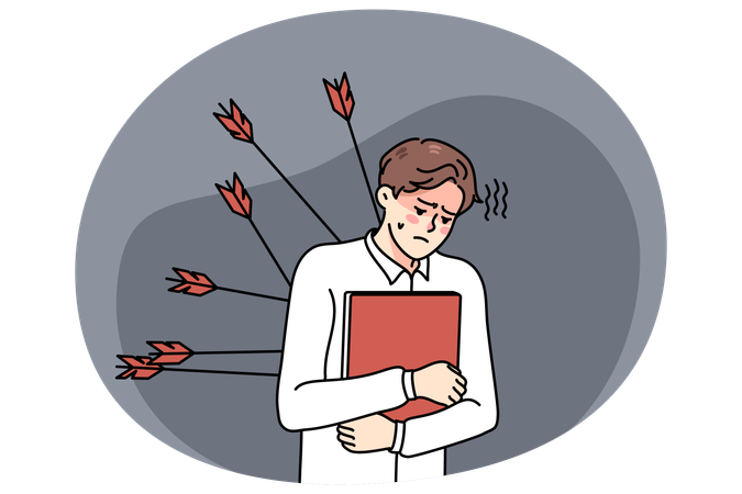 Gestresster Mitarbeiter mit Pfeilen im Rücken  Illustration