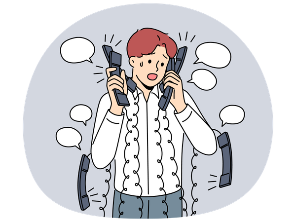 Gestresster Mitarbeiter mit zahlreichen Headsets im Büro  Illustration