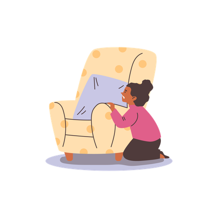 Gestresstes Mädchen versteckt sich hinter Stuhl  Illustration