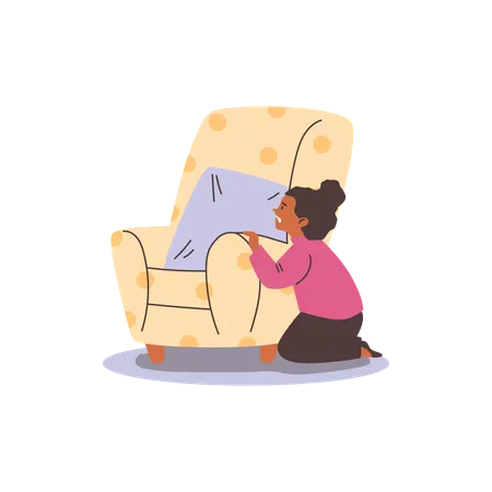 Gestresstes Mädchen versteckt sich hinter Stuhl  Illustration