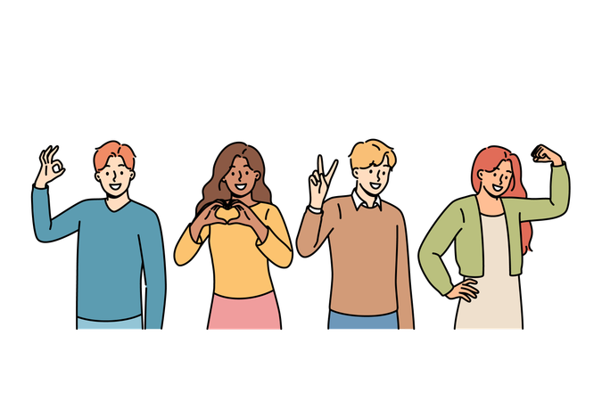 Gestures of agreement and approval demonstrated by multiracial people  Illustration