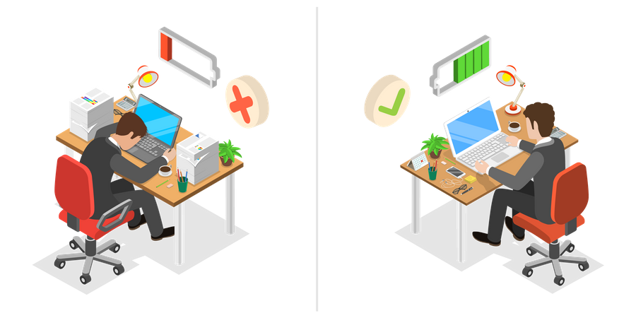 Gesunder vs. Burnout-Mitarbeiter  Illustration