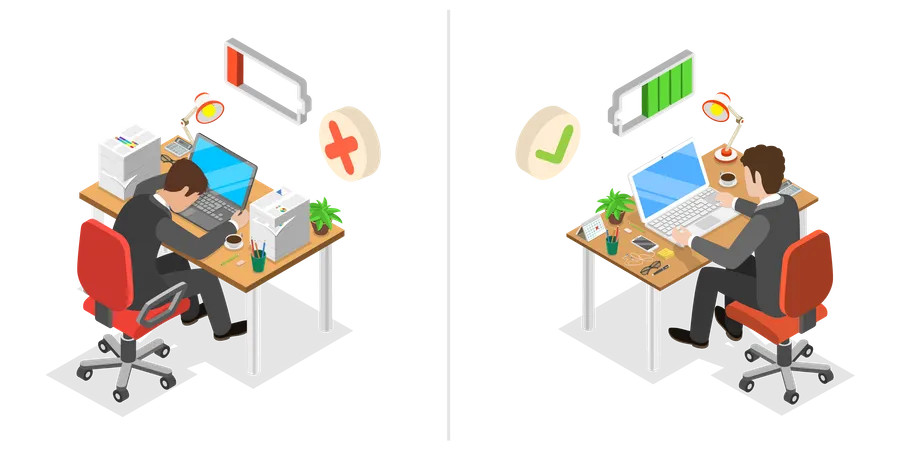 Gesunder vs. Burnout-Mitarbeiter  Illustration