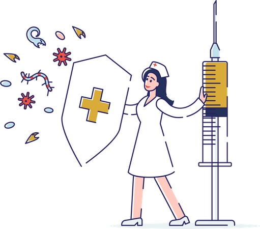 Mitarbeiter des Gesundheitswesens mit Schutzschild und Impfstoff geschützt  Illustration