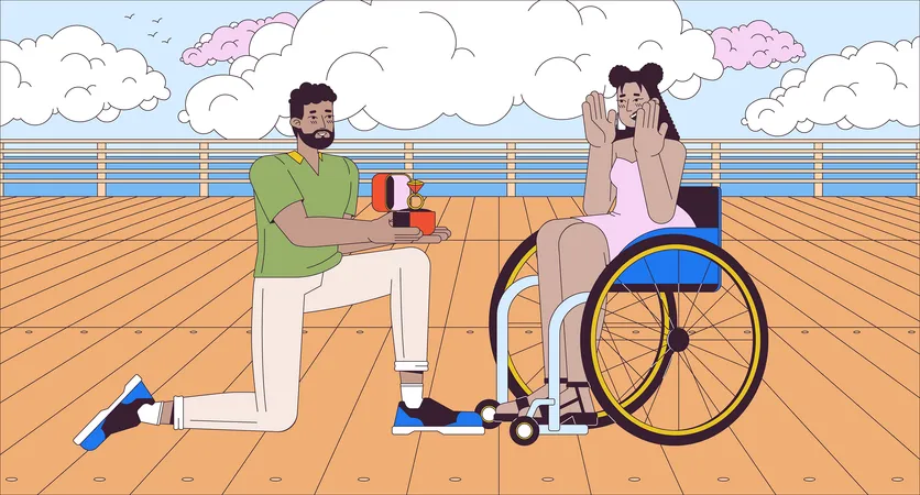 Getting Engaged Cartoon Flat Illustration Black Man Proposing To Wheelchaired Latina Woman 2 D Line Characters Colorful Background Happy Life With Disability Scene Vector Storytelling Image Illustration