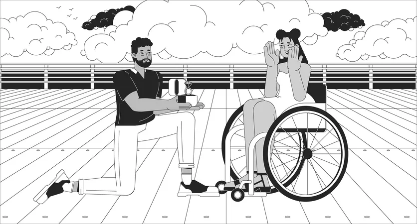 Getting Engaged Black And White Line Illustration Black Man Proposing To Wheelchaired Latina Woman 2 D Characters Monochrome Background Happy Life With Disability Outline Scene Vector Image Illustration