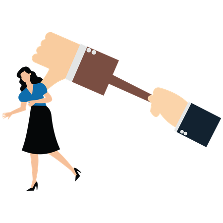 Getting Hand holding gavel of downward thumbs to hammer businesswoman  Illustration