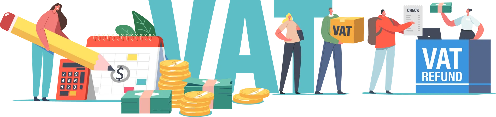 Vat Value Added Tax Return Service Concept Male Or Female Characters Getting Refund For Foreign Shopping People Save Budget Get Money Tax Free At Airport Desk Cartoon Vector People Illustration Illustration