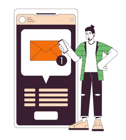 Getting Text Message Flat Line Concept Vector Spot Illustration Notification Man Holding Smartphone 2 D Cartoon Outline Character On White For Web UI Design Editable Isolated Color Hero Image Illustration