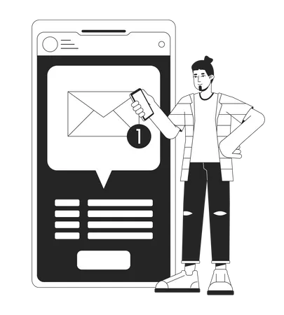 Getting Text Message Bw Concept Vector Spot Illustration Notification Man Holding Smartphone 2 D Cartoon Flat Line Monochromatic Character For Web UI Design Editable Isolated Outline Hero Image イラスト