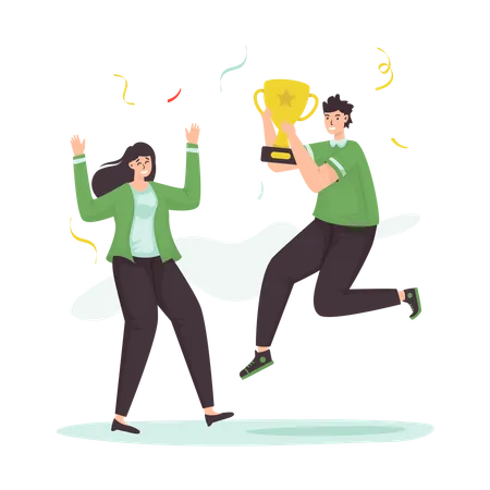 A Young Couple Getting Trophy Celebration Flat Illustration イラスト