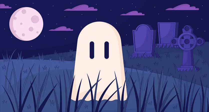Ghost At Night Cemetery Lofi Wallpaper Halloween Theme Cute Spirit Floating At Full Moon 2 D Cartoon Flat Illustration Life After Death Chill Vector Art Lo Fi Aesthetic Colorful Background Illustration