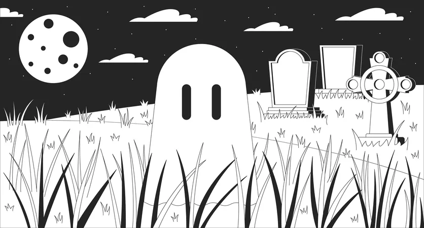 Ghost At Night Cemetery Black And White Lofi Wallpaper Halloween Theme Cute Spirit Floating At Full Moon 2 D Outline Cartoon Flat Illustration Life After Death Vector Line Lo Fi Aesthetic Background Illustration
