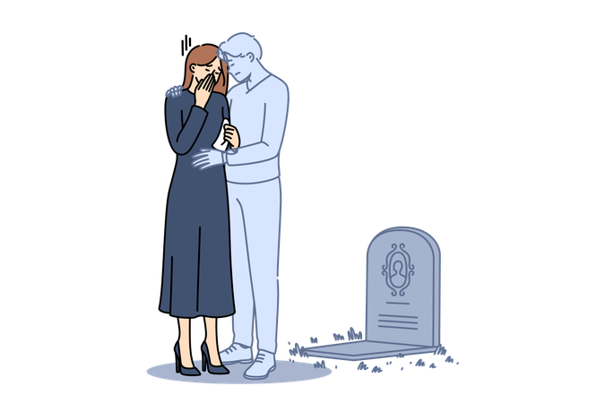 Ghost of husband supports wife crying at grave  Illustration