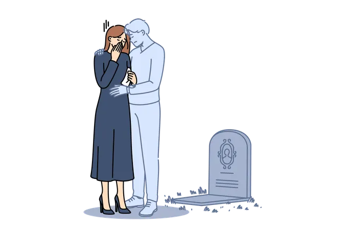 Ghost of husband supports wife crying at grave  Illustration