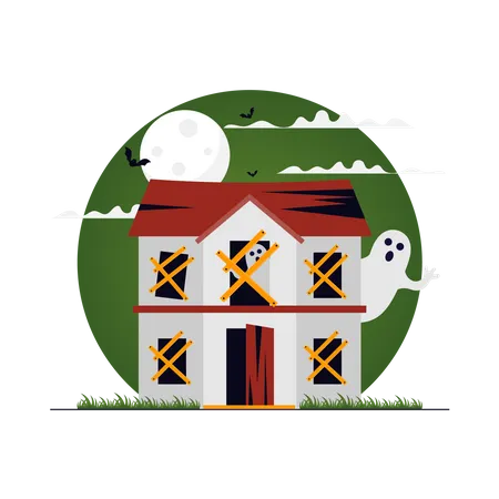 Ghost Standing near Halloween haunted house  Illustration