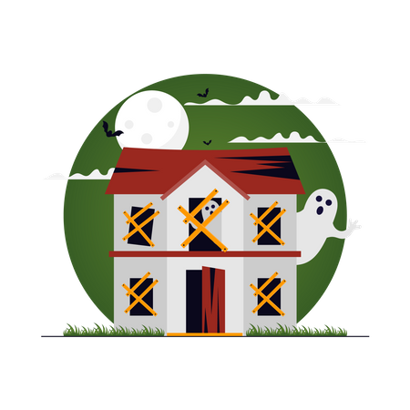 Ghost Standing near Halloween haunted house  Illustration