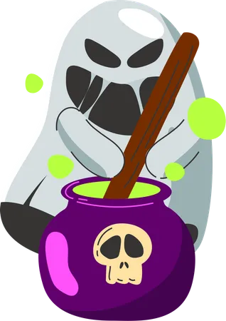 Capturing A Mischievous Moment This Illustration Shows A Ghost Enthusiastically Brewing A Potion In A Cauldron Adorned With A Skull The Vibrant Green Potion Bubbles Playfully Adding A Magical And Mystical Element To Any Halloween Or Fantasy Themed Project Illustration