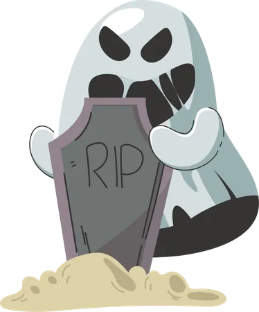 This Whimsical Illustration Features A Playful Ghost Emerging From Behind A Tombstone Marked RIP Set Against A Backdrop Of Soft Sand The Ghosts Mischievous Smile Adds A Light Hearted Touch To The Spooky Scene Perfect For Halloween Themed Projects Or Childrens Books イラスト