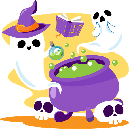 Ghost with witch's hat making potion  Illustration