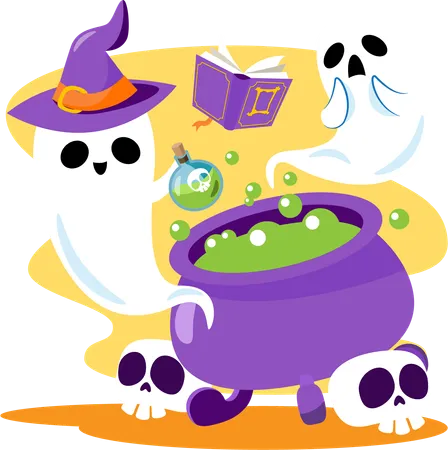 Ghost with witch's hat making potion  Illustration