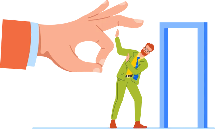 Reducing Personnel Concept Giant Boss Hand Flick Away Unwanted Employee Character Through The Door With The Aim Of Streamlining And Improving Business Efficiency Cartoon People Vector Illustration Illustration