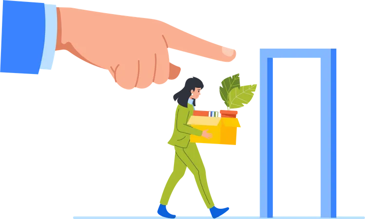 Giant Boss Hand Pointing With Finger On A Door Signaling To The Employee That The Company Is Downsizing Its Workforce Fired Office Worker Character Leave Office Cartoon People Vector Illustration Illustration