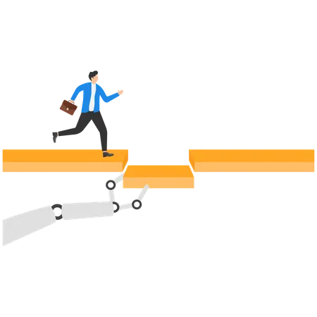 Giant chat bot hand help connect missing piece as bridge for team members to cross gap  Illustration