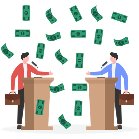 Giant figure behind debating politicians while showering them with money  Illustration