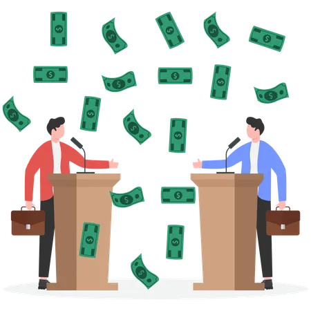 Giant figure behind debating politicians while showering them with money  Illustration