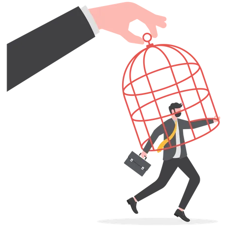 Trap Concept Giant Hand Capturing A Running Businessman With Birdcage Man In Captivity Dependence On Leadership Vector Illustration Illustration